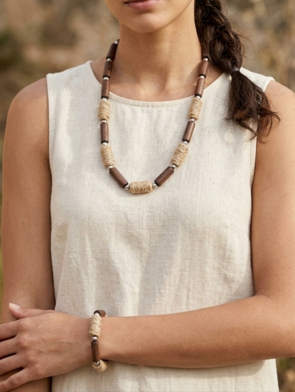 S325 Handcrafted Natural Brown and Beige Bead Necklace & Bracelet Set